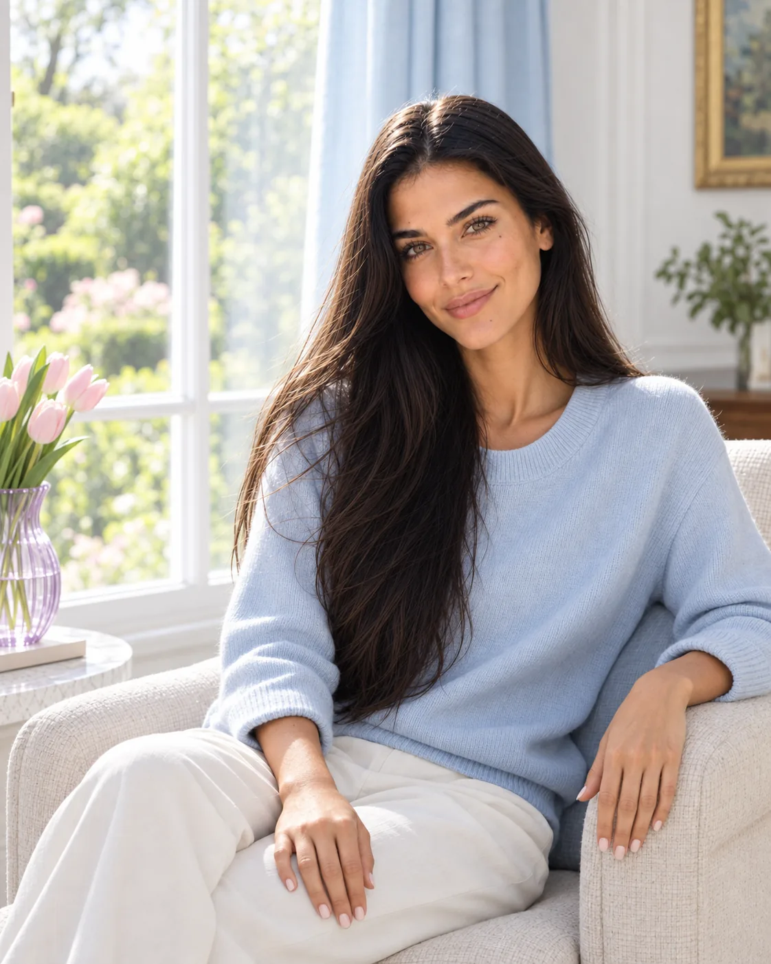 Tia sitting comfortably beside a bright window, with one hand on her leg and the other resting on the armchair